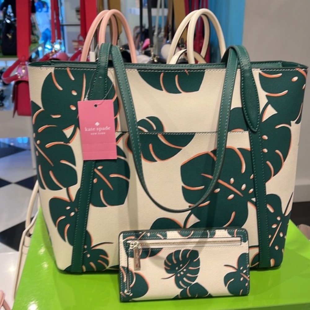 Kate Spade Cara Large Tote Monstera Leaves & Large Slim Bifold Wallet Cream Mult - Picture 3 of 16